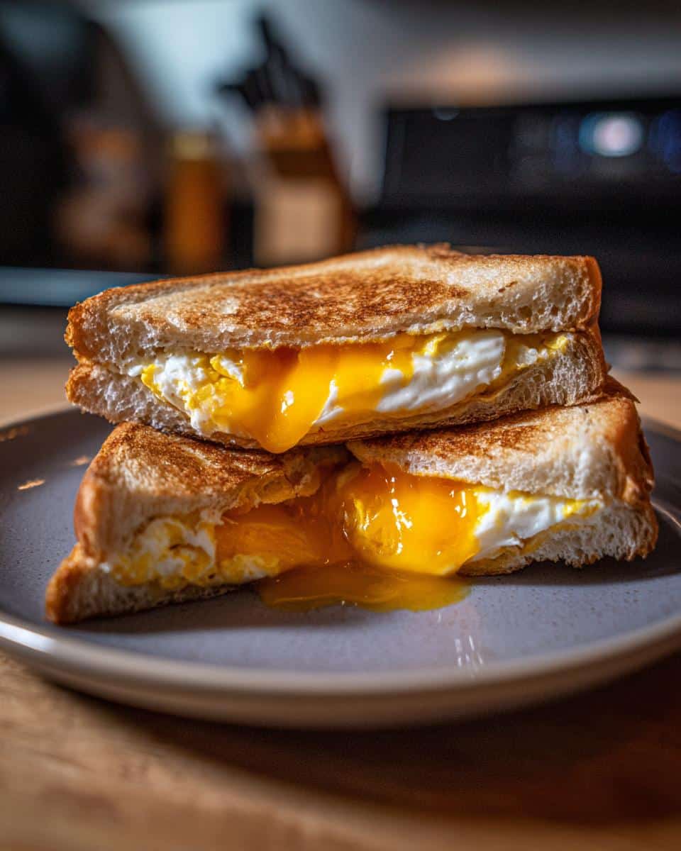 Two halves of a toasted egg sandwich hack stacked, with a runny yolk dripping down the side.