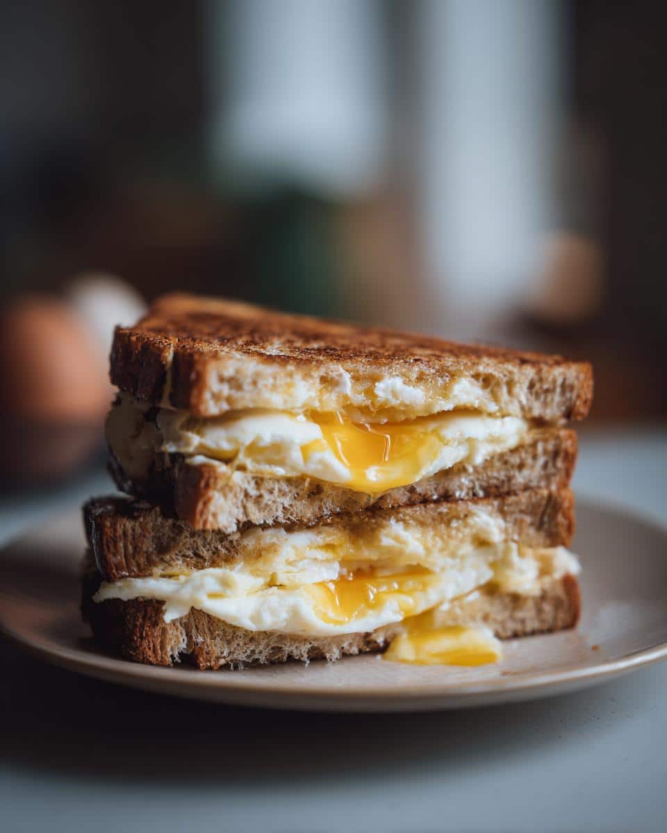 Two stacked egg sandwiches with runny yolks, showcasing an easy Egg Sandwich Hack.