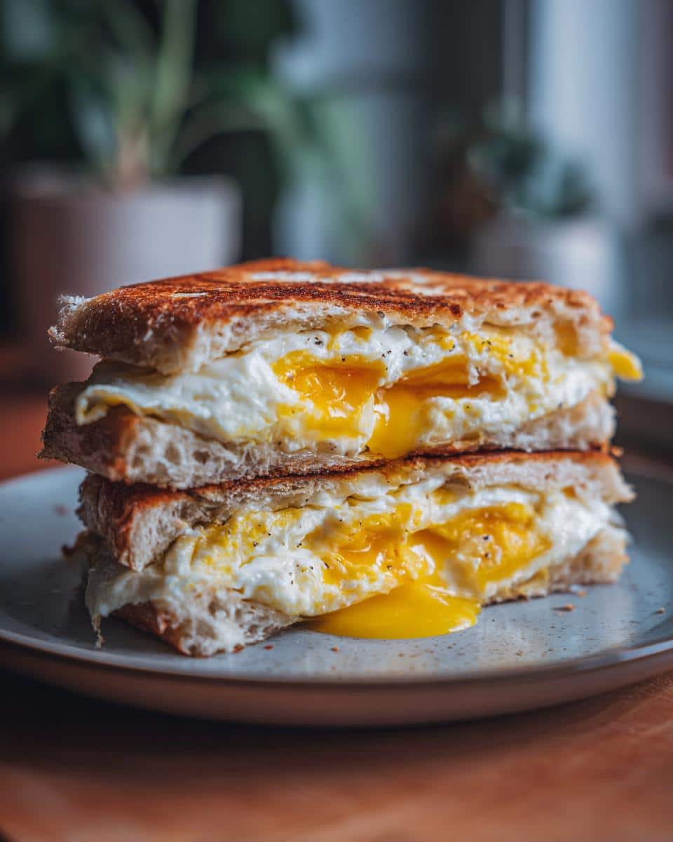 Two halves of a stacked egg sandwich hack with runny yolks on toasted bread, seasoned with pepper.