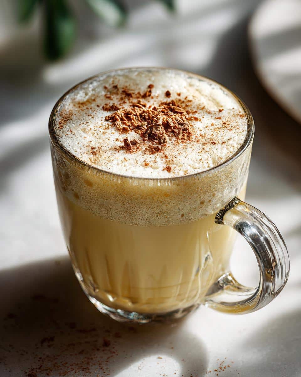 A glass mug filled with a frothy eggnog recipe, topped with grated nutmeg.