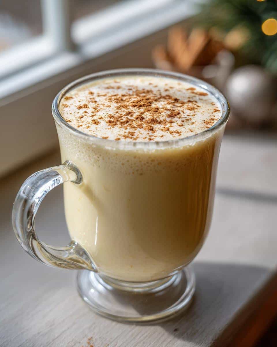 A glass mug filled with creamy eggnog, topped with cinnamon. Perfect for the eggnog recipe.