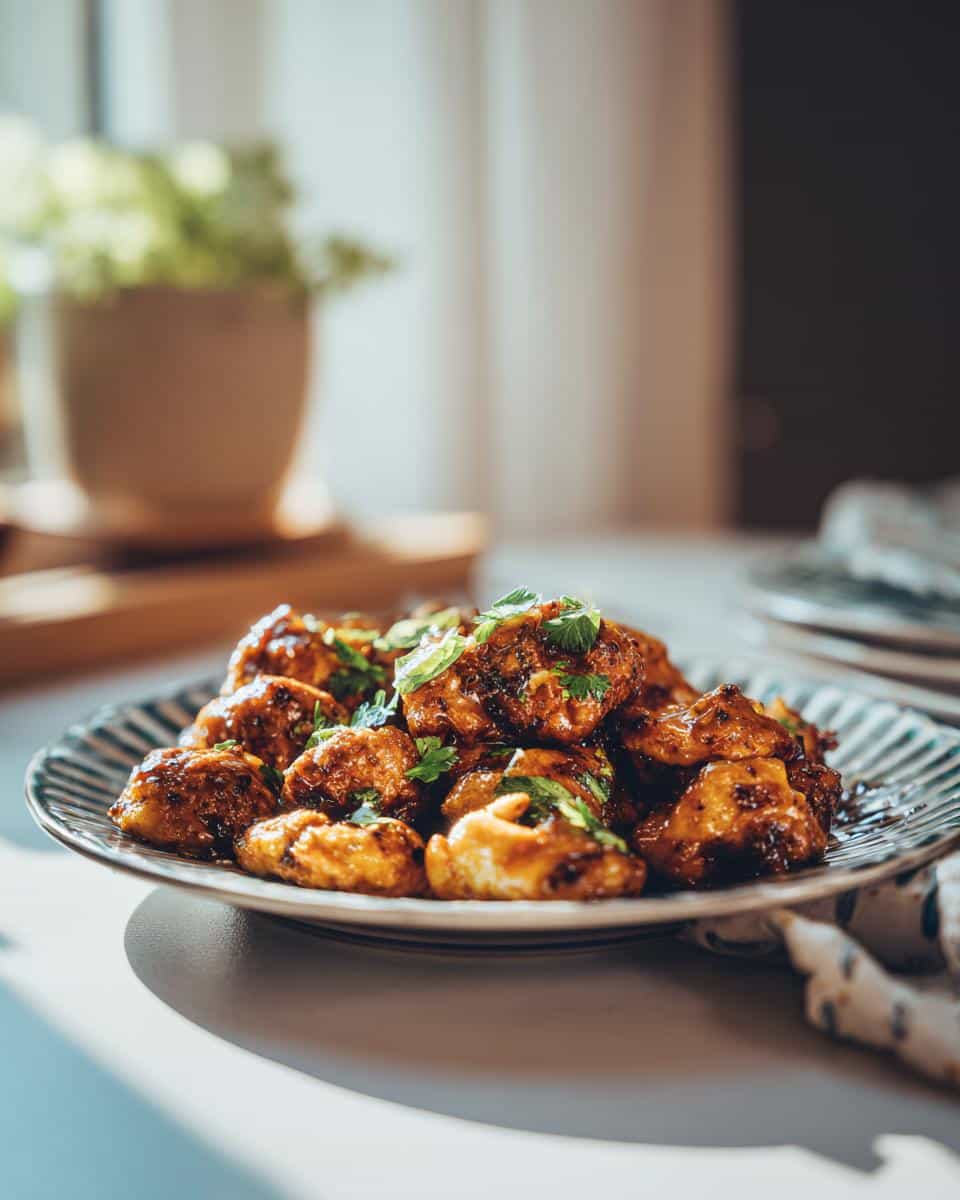 Plate of delicious food babe recipe dish with glazed pieces and fresh herbs, ready to eat.