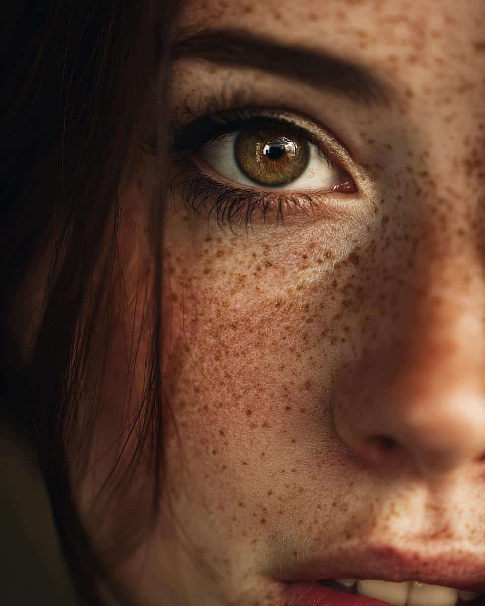 Detailed close-up of a freckled face, showcasing the beauty of an Allison Plate complexion.