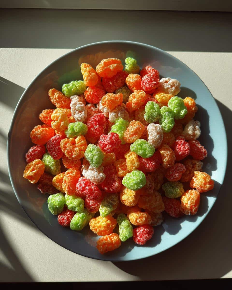 A bowl filled with vibrant, colorful Freeze-Dried Candy in red, orange, and green hues.