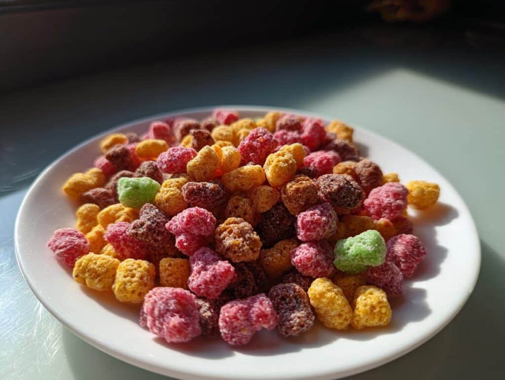 A plate piled high with colorful, crunchy Freeze-Dried Candy, showcasing the airy texture and vibrant colors.