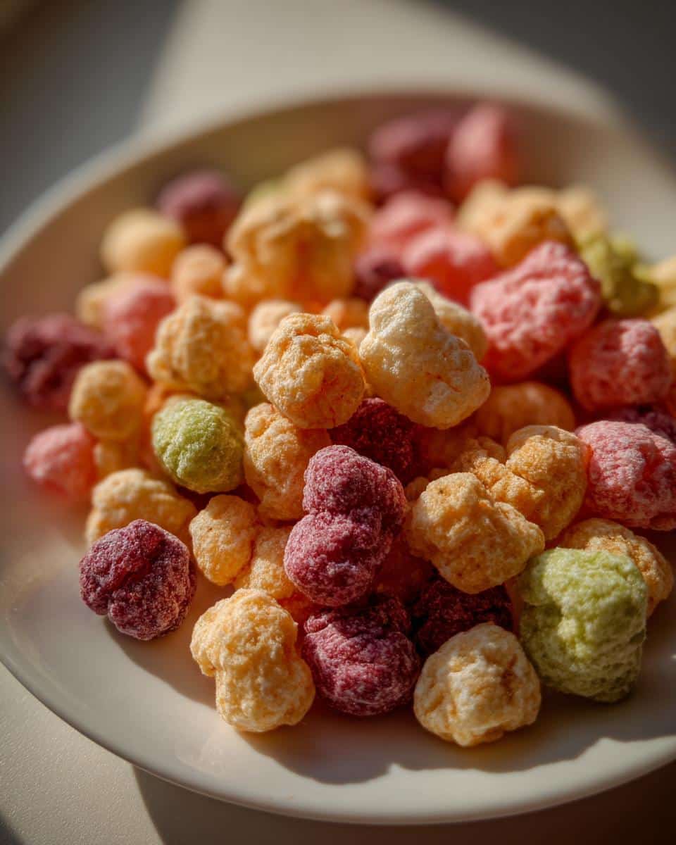 Close-up of a plate filled with colorful, crunchy Freeze-Dried Candy pieces in various pastel shades.