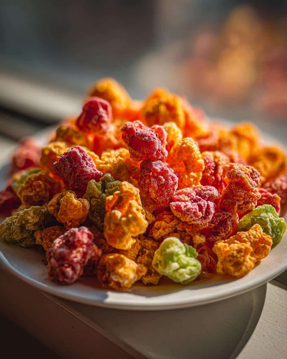 A pile of colorful Freeze-Dried Candy on a white plate, showcasing the unique texture and vibrant colors.