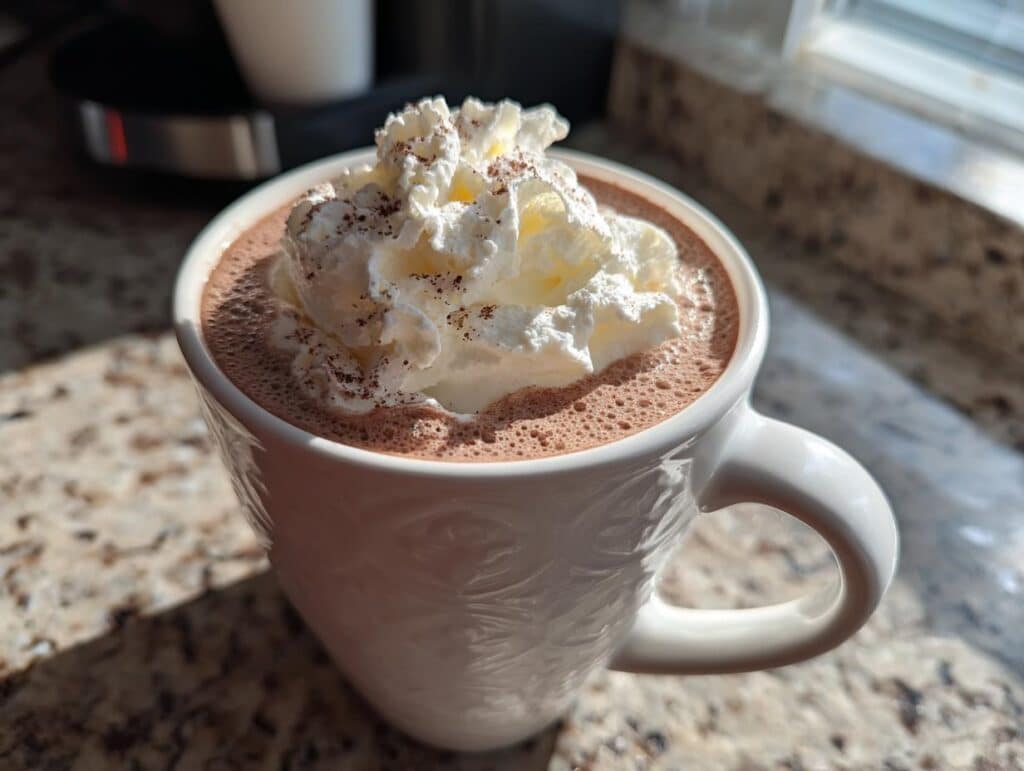 A mug of rich French hot chocolate topped with a generous dollop of whipped cream and a dusting of cocoa powder.