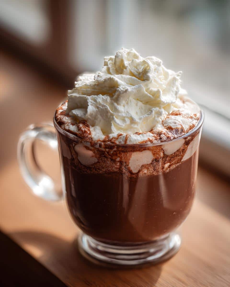 A glass mug filled with decadent french hot chocolate, topped with a generous swirl of whipped cream.