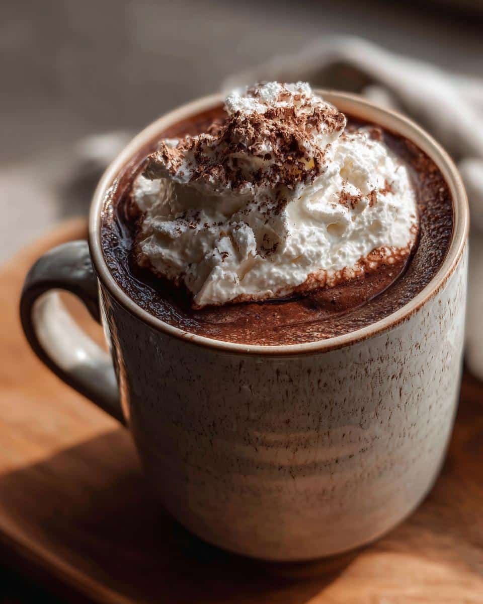 A mug of decadent french hot chocolate topped with whipped cream and chocolate shavings.