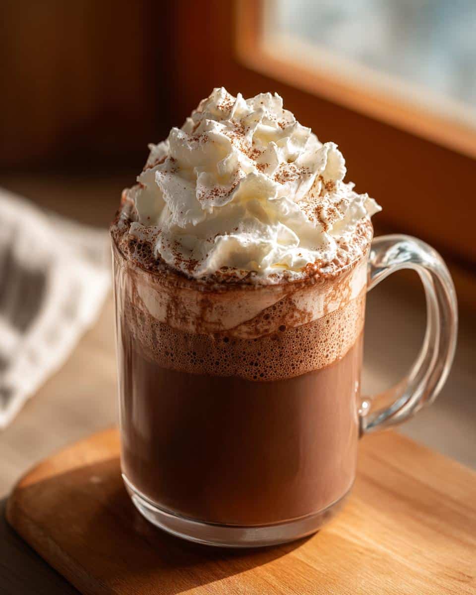 A glass mug filled with decadent french hot chocolate, topped with a generous swirl of whipped cream and cocoa powder.