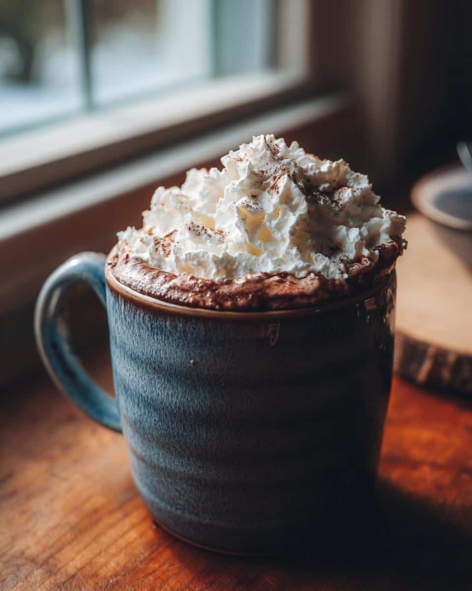 A blue mug filled with rich french hot chocolate, topped with whipped cream and a dusting of cocoa powder.