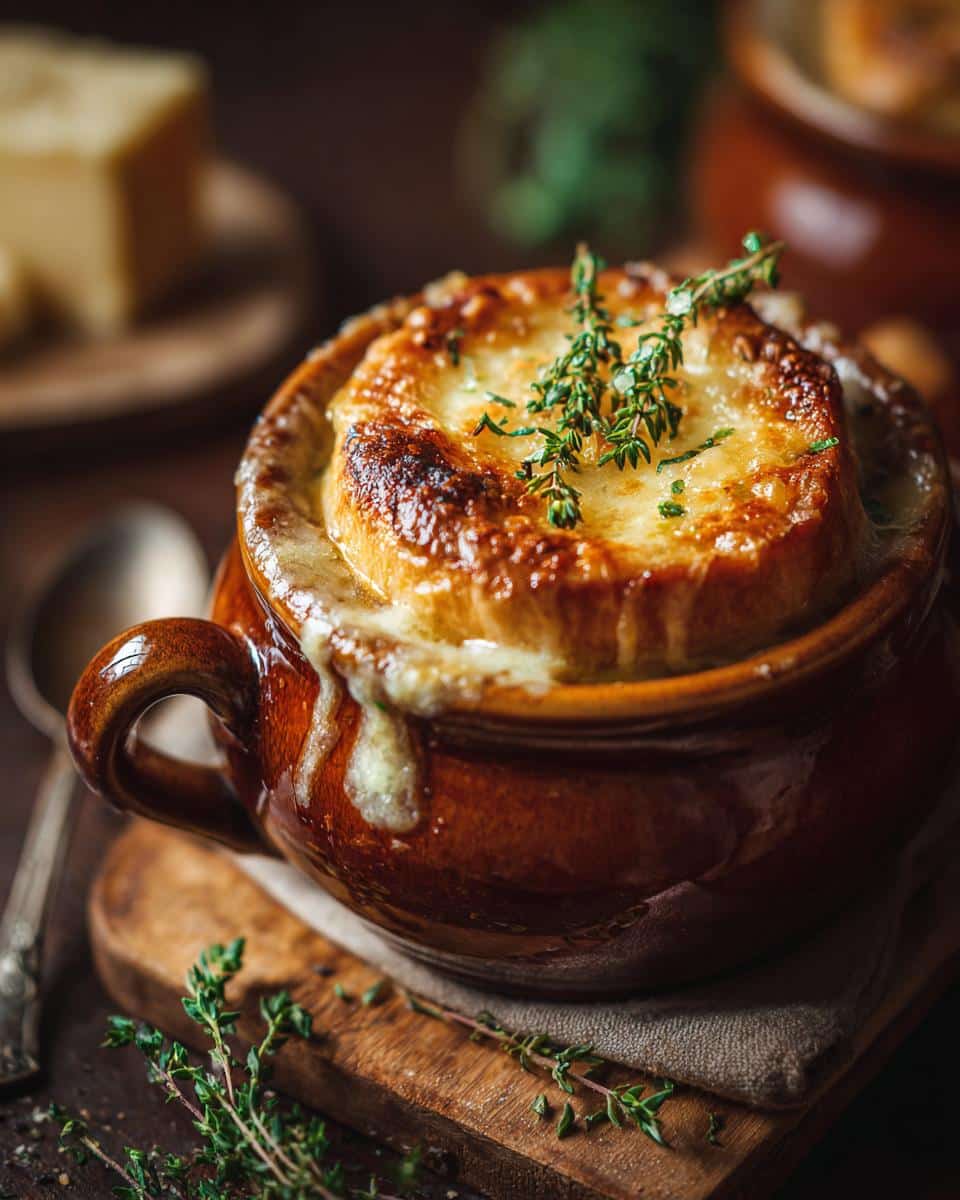 Close-up of French onion soup, a delicious addition to winter soup recipes, topped with melted cheese and thyme.