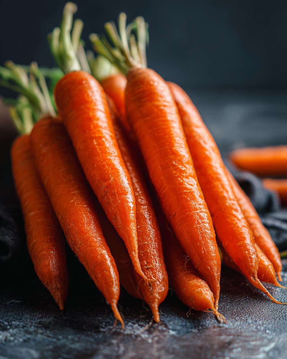 A bunch of vibrant, fresh carrots with green tops, ready for making Raw Carrot Ribbon Salad.