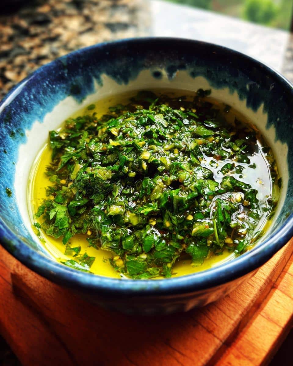 Close-up of vibrant green Chimichurri Sauce in a blue ceramic bowl, showcasing the herbs and olive oil.