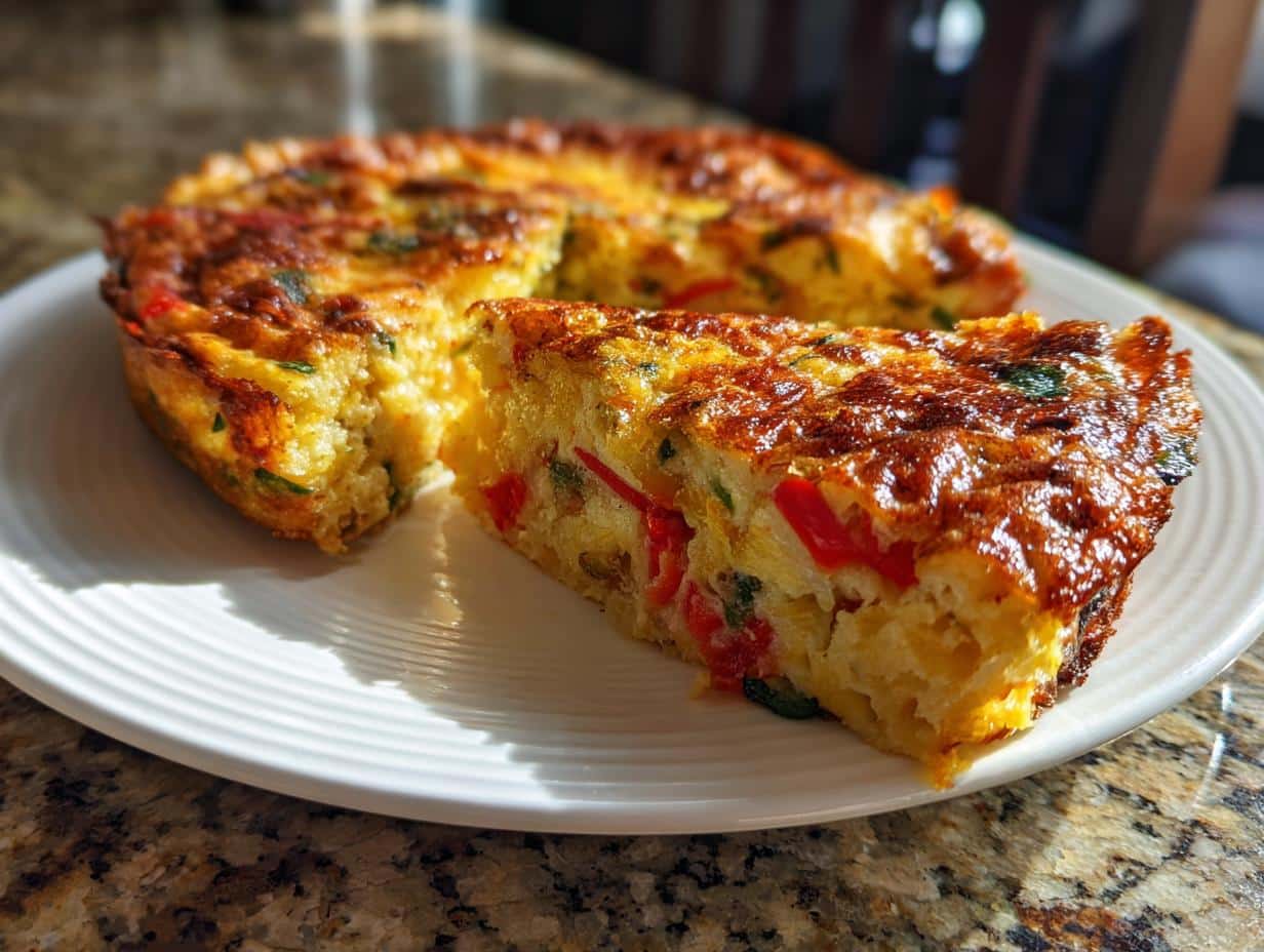 A slice of homemade fritata recipe with red pepper on a white plate, showcasing the fluffy texture and colorful ingredients.