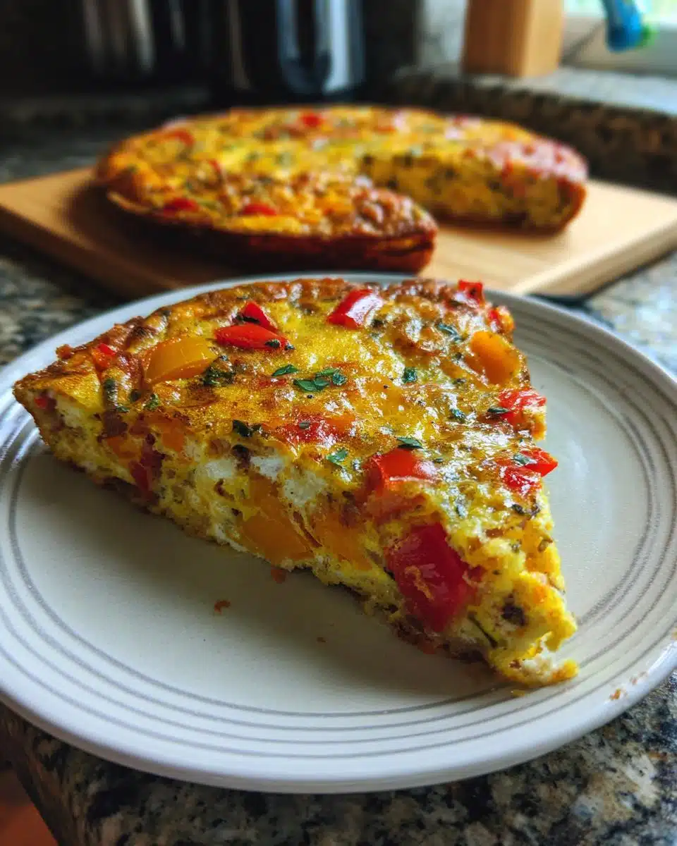 A slice of fritata recipe with peppers and herbs on a plate, with the whole fritata in the background.