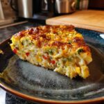 A slice of homemade fritata recipe on a dark blue plate, showing colorful vegetables and a golden-brown crust.