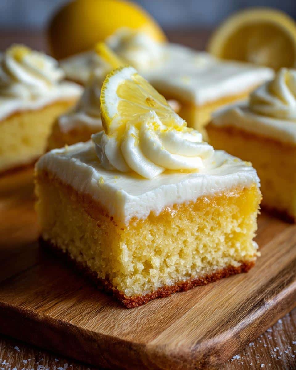 Close-up of a frosted lemon bar slice, a delicious example of lemon desserts, topped with lemon and frosting.