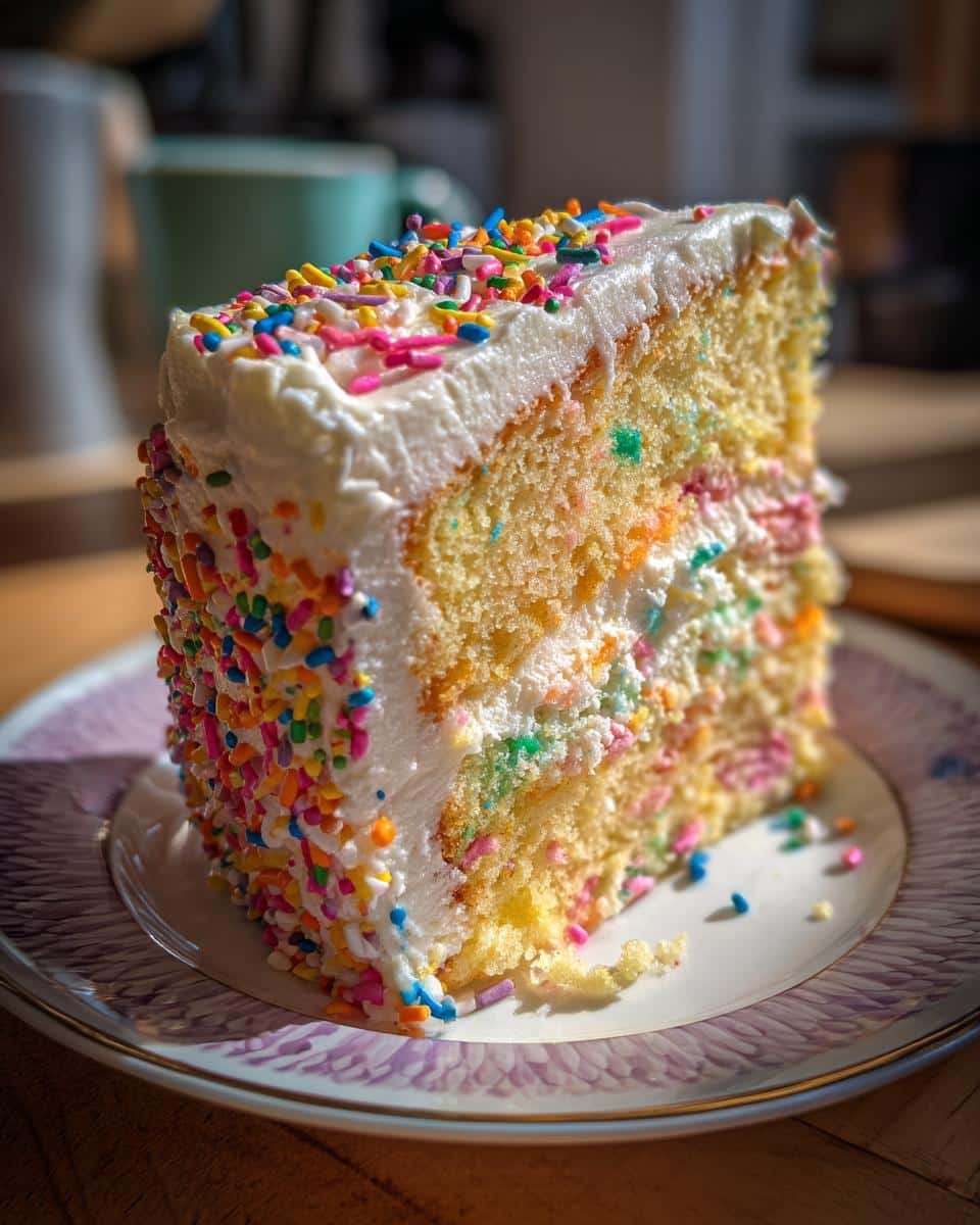 A slice of funfetti birthday cake with white frosting and colorful sprinkles on a decorative plate.