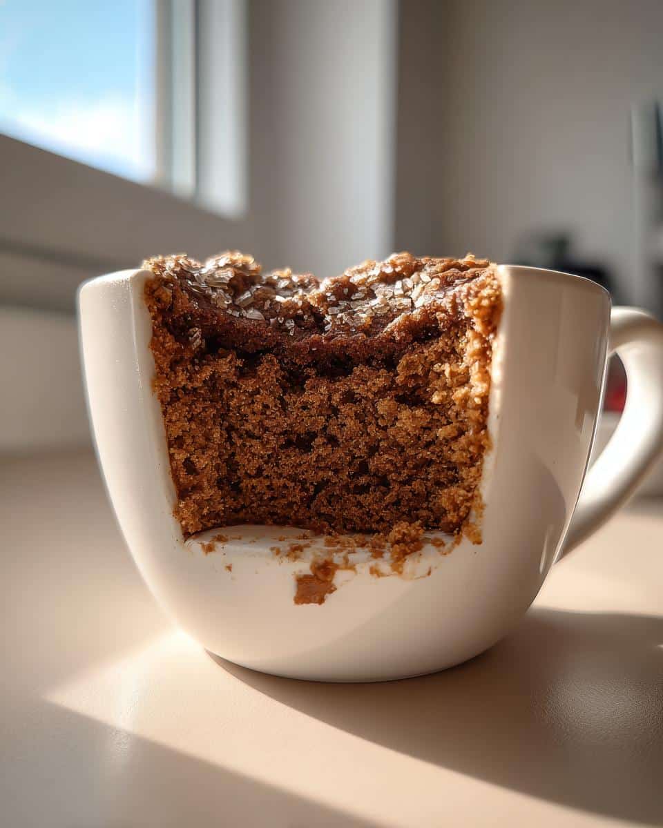 Close-up of a Gingerbread Mug Cake in a white mug, showing the texture and moistness of the cake.