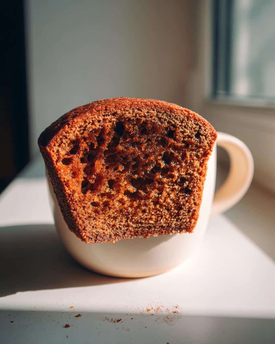 Close-up of a Gingerbread Mug Cake cut in half, showing the texture inside the mug.