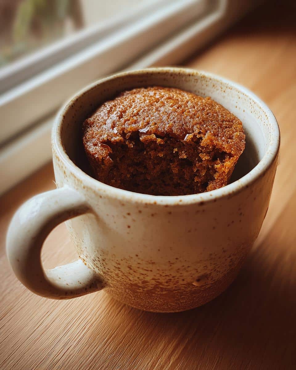 A delicious Gingerbread Mug Cake inside a speckled ceramic mug, with a bite taken out.