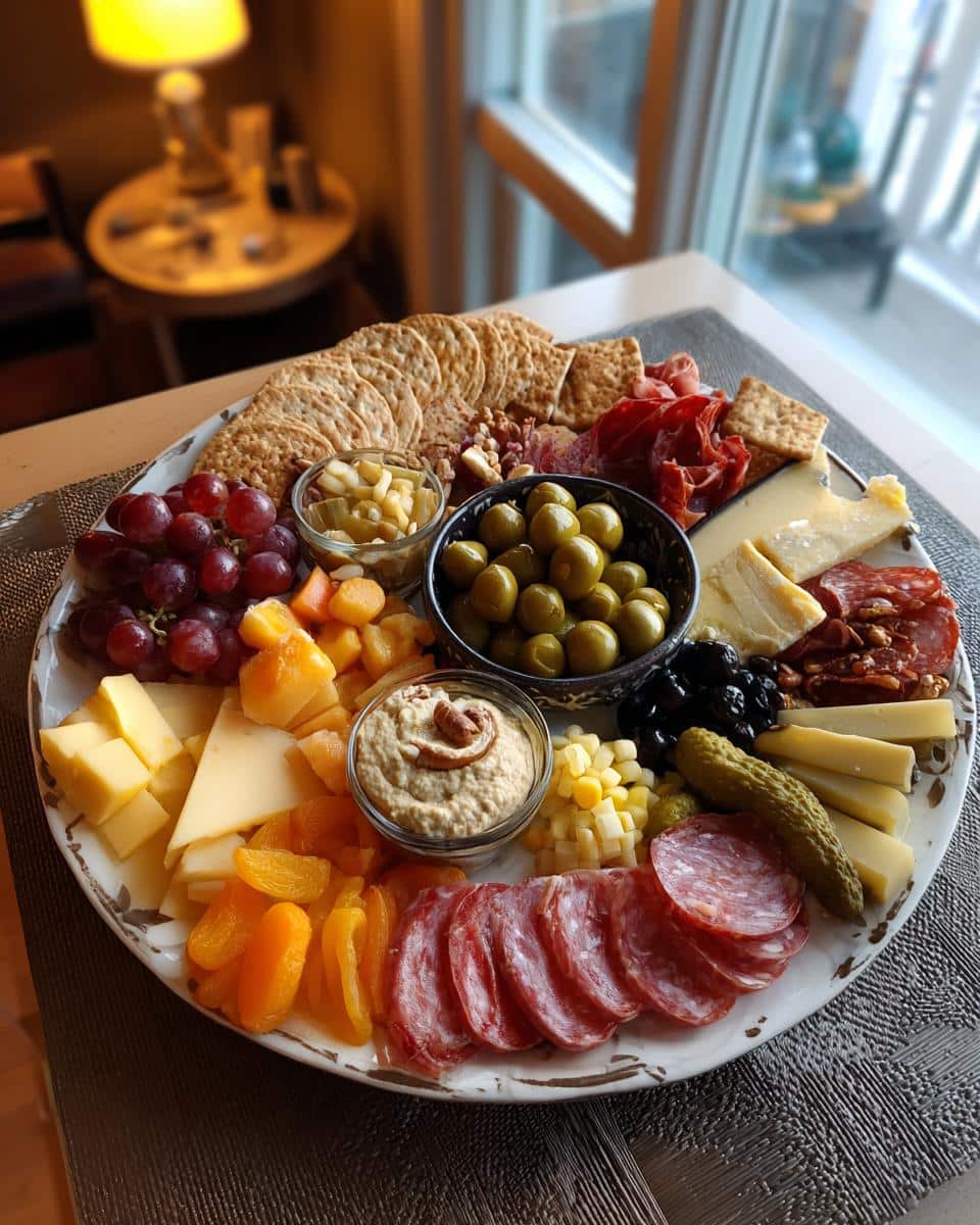 Overhead shot of a colorful and delicious Girl Dinner (Snack Plate) with cheese, crackers, fruit, olives, and salami.