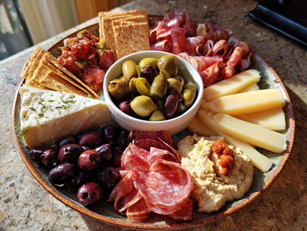 Overhead shot of a colorful Girl Dinner (Snack Plate) with cheese, olives, meats, crackers, and hummus.