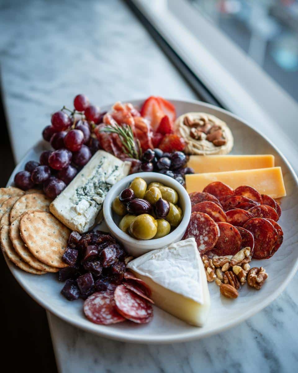 Overhead shot of a Girl Dinner (Snack Plate) with cheese, crackers, olives, grapes, salami, and nuts.
