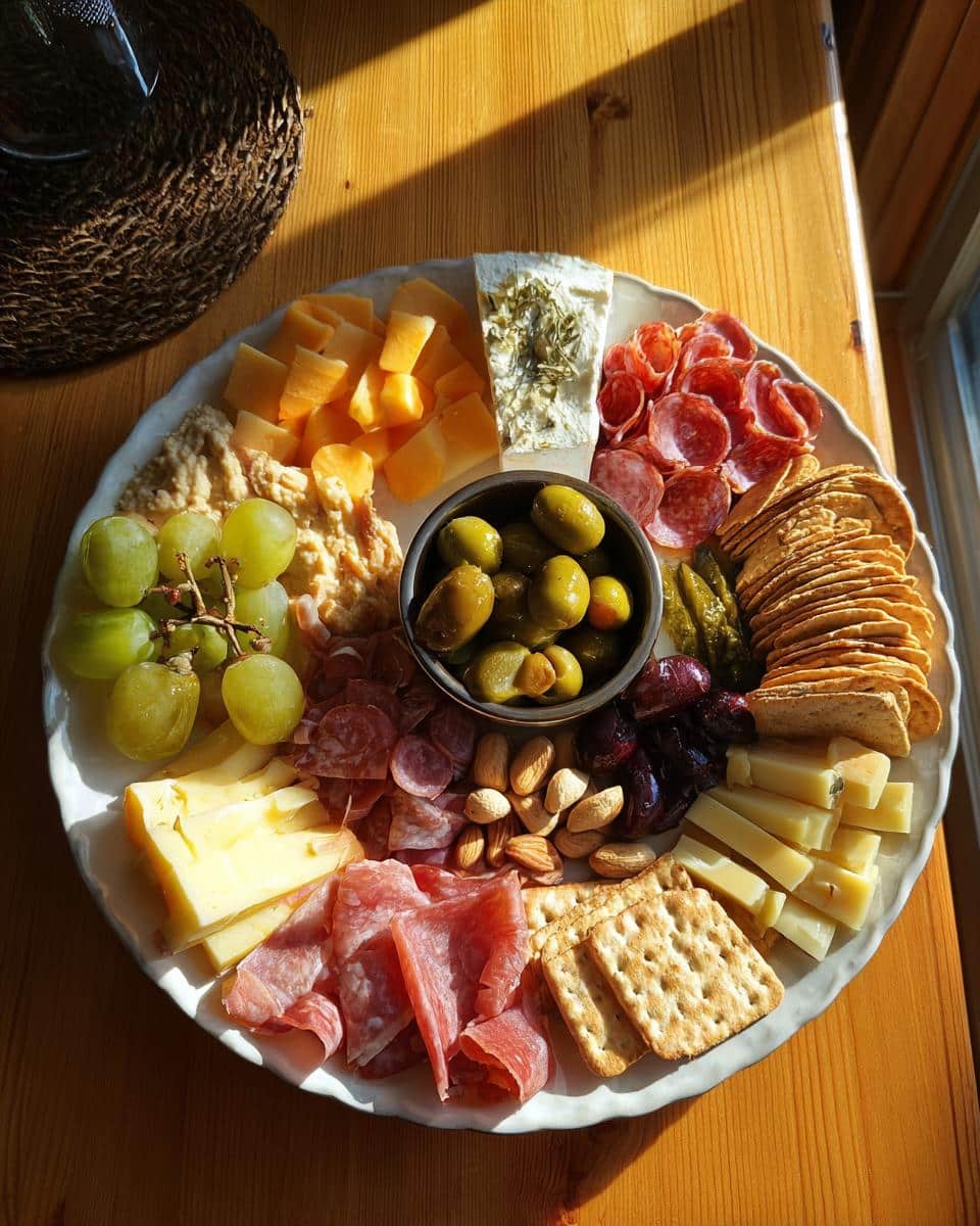 Overhead shot of a Girl Dinner (Snack Plate) featuring cheese, olives, grapes, crackers, hummus, and cured meats.