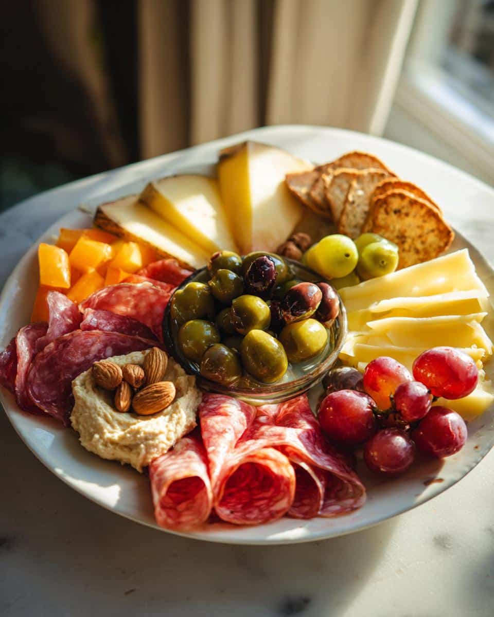 Overhead shot of a Girl Dinner (Snack Plate) with cheese, salami, olives, grapes, and hummus.