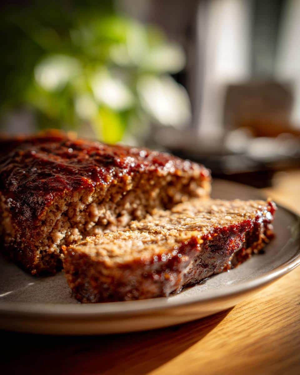 A slice of homemade meatloaf with a shiny glaze, served on a plate. Ready to eat meatloaf.