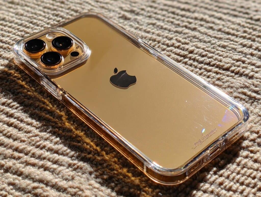 Image of a gold iPhone with a clear Allison Plate case, showcasing the phone's design and camera.