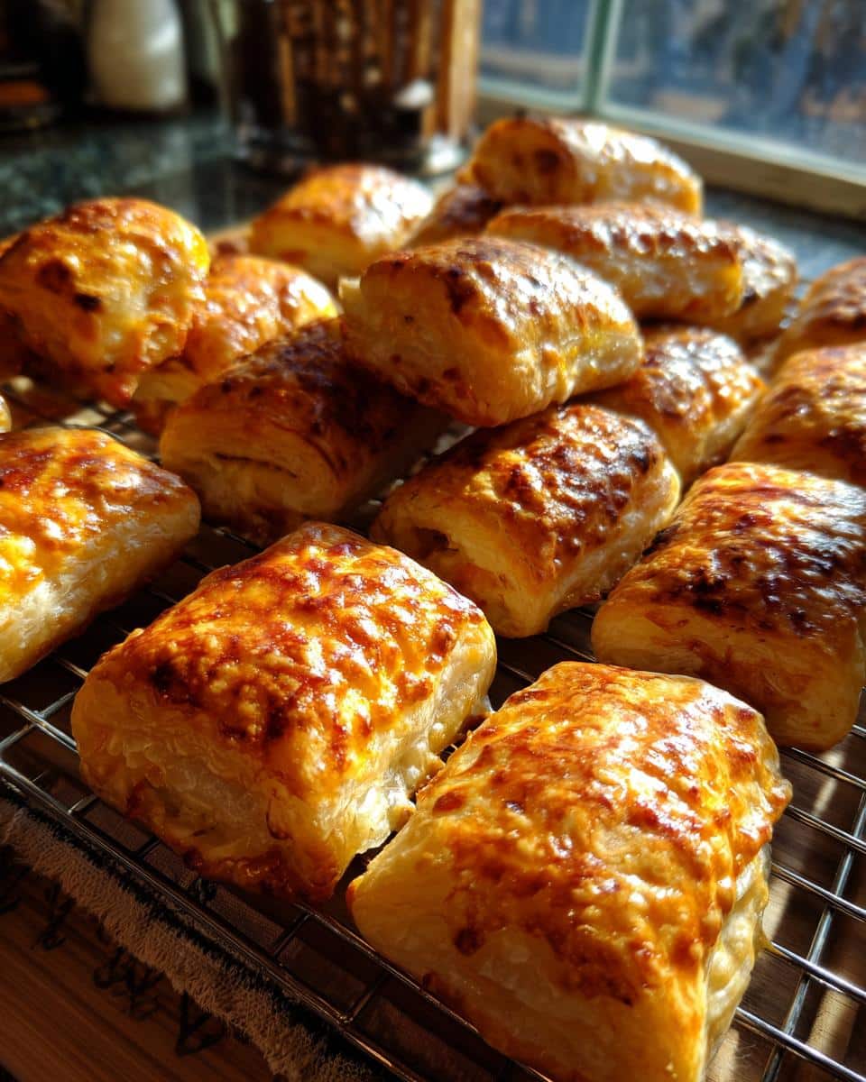 Close-up of golden-brown puff pastry ideas cooling on a wire rack near a window.