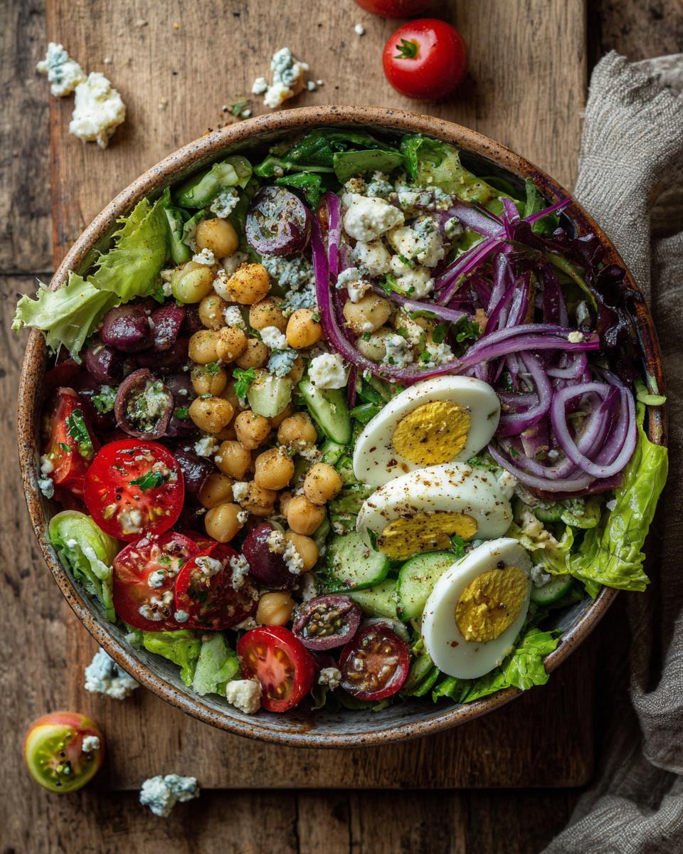 Overhead shot of a vibrant Greek salad bowl featuring lettuce, tomatoes, chickpeas, olives, eggs, and feta cheese. Part of Greek recipes.
