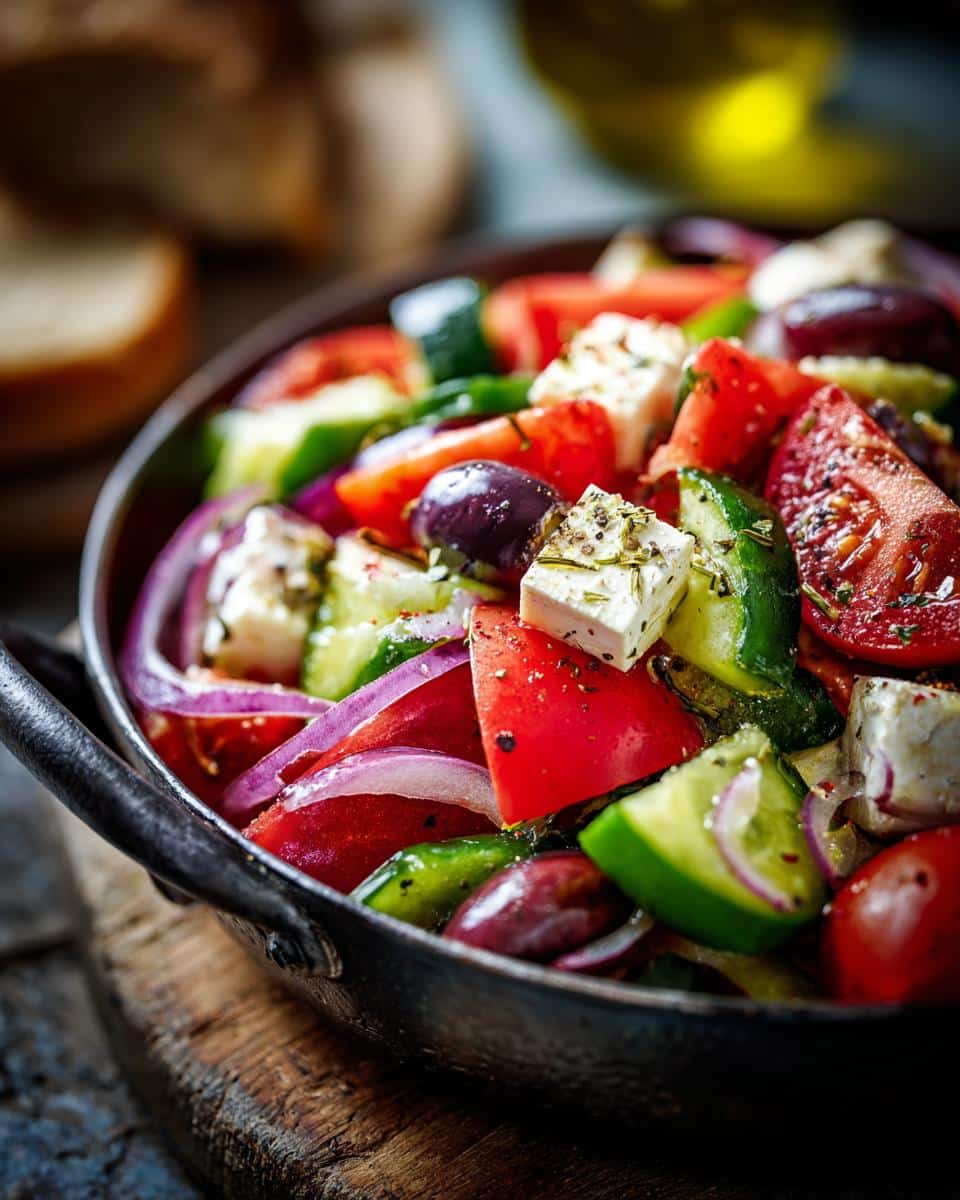 Close-up of a vibrant Greek salad featuring tomatoes, cucumbers, feta, olives, and red onion. One of the best Greek recipes.