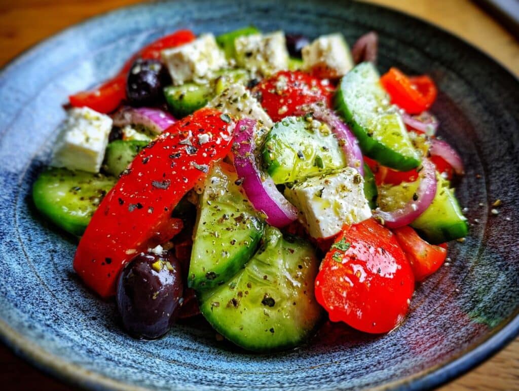 Close-up of a vibrant Greek salad featuring feta cheese, cucumbers, tomatoes, olives, and red onion. A classic of Greek recipes.