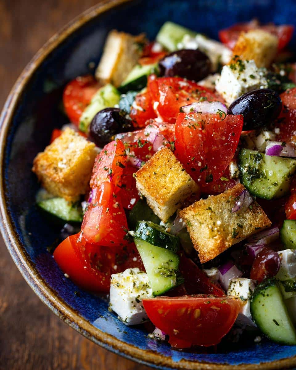 Close-up of a vibrant Greek salad featuring tomatoes, cucumbers, feta, olives, and croutons. One of many delicious Greek recipes.