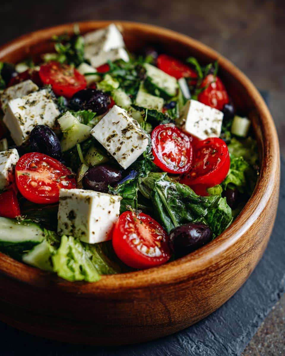 Close-up of a vibrant Greek salad in a wooden bowl, featuring tomatoes, cucumbers, olives, and feta cheese. One of our favorite greek recipes.