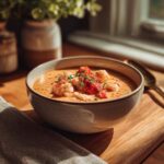 Close-up of a bowl of creamy lobster bisque with pieces of grilled lobster tail and thyme garnish.