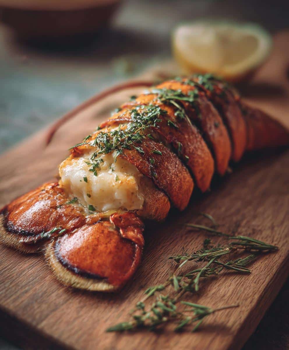 Close-up of a grilled lobster tail on a wooden board, garnished with fresh herbs and a lemon wedge.