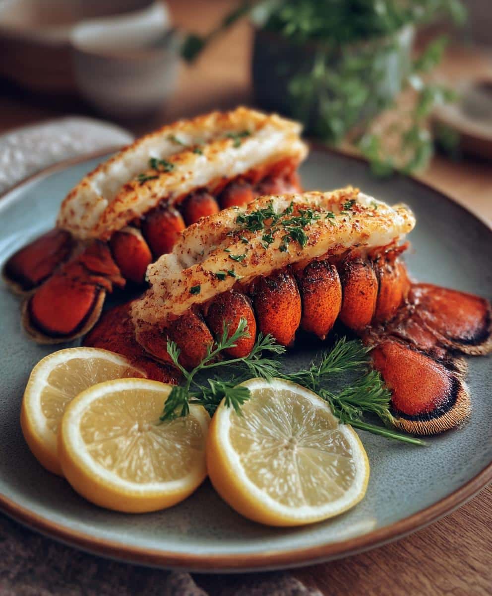 Two grilled lobster tail halves on a plate with lemon slices and parsley garnish.