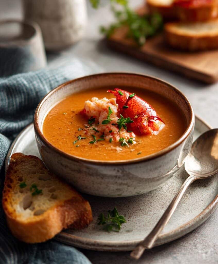 A bowl of creamy soup topped with grilled lobster tail, garnished with herbs, and served with toasted bread.