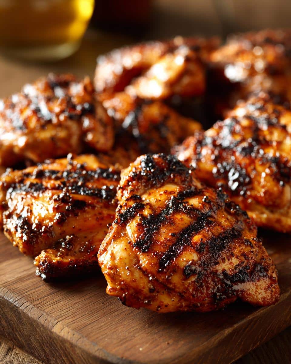 Close-up of grilled skinless boneless chicken thighs on a wooden board, showcasing grill marks and seasoning.