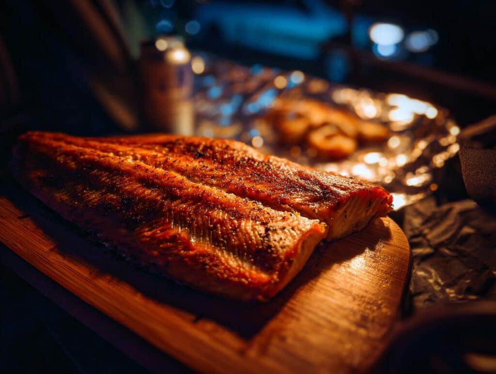 Grilled tin fish on a wooden board, ready for a Tin Fish Date Night. Appetizers in the background.