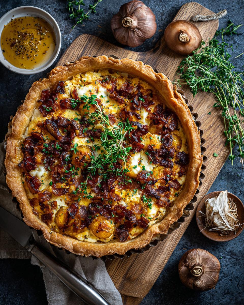 Overhead shot of a savory tart featuring bacon, cheese, and herbs, styled for Half Baked Harvest.