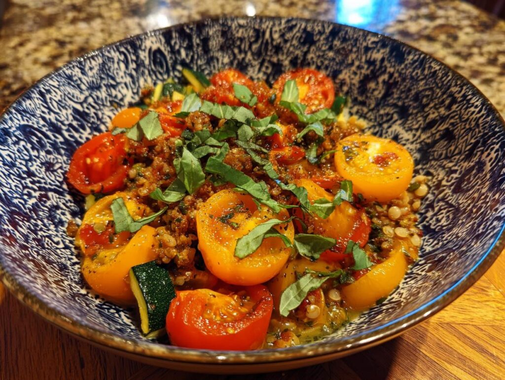 A vibrant bowl of Half Baked Harvest recipe with roasted tomatoes, zucchini, and fresh basil.