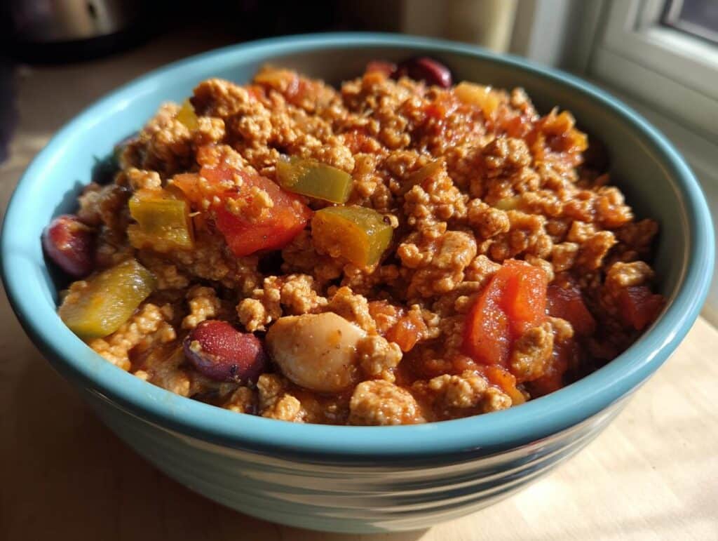 A vibrant bowl of healthy ground turkey chili, featuring ground turkey, tomatoes, beans, and peppers.