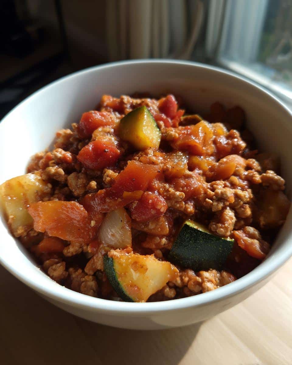 A bowl of healthy ground turkey recipe with zucchini, tomatoes, and onions.